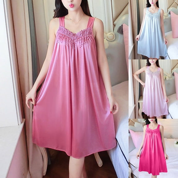 Fartey Women's Satin Nightgown Elegant Lace V Neck Sleep Dress Soft Comfy Sleeveless Night Gown Loose Flowy Solid Color Nightdress Sky Blue Free Size