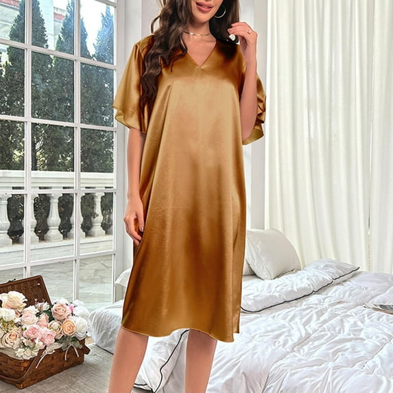 Fartey Women's Satin Nightgown Elegant V Neck Ruffle Short Sleeve Silk Long Nightdress Soft Comfy Solid Color Lounge Sleepshirts Nightdress Gold