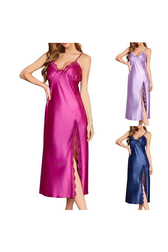 Women's Satin Nightgown Lace Trim Lingerie Soft Comfy V Neck Sleeveless Long Sleepdress Loose Flowy Side Split Sleepwear Hot Pink L