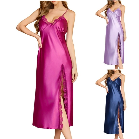 Fartey Women's Satin Nightgown Sexy Lace Trim Lingerie Soft Comfy V Neck Sleeveless Long Sleepdress Loose Flowy Side Split Sleepwear Purple M
