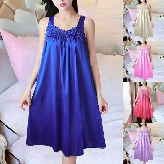 Fartey Women's Satin Nightgowns Elegant Sleeveless V Neck Night Gown with Embroidery Lace Floral Loose Flowy Solid Color Nightdress Purple Free Size
