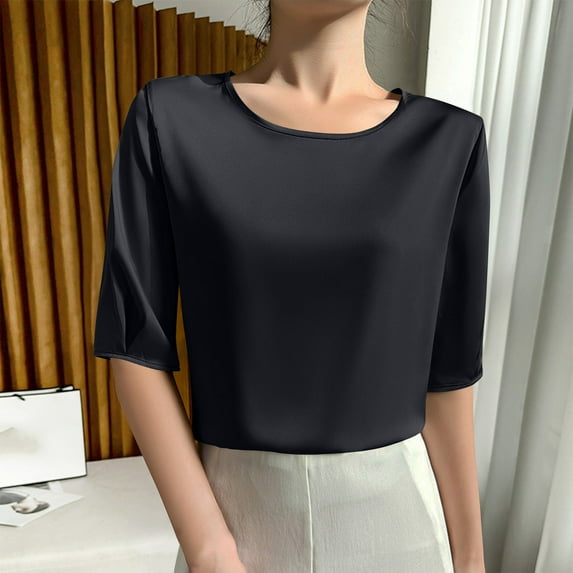 Fartey Women's Satin Shirts Dressy Casual Half Sleeve Silk Tops Loose Comfy Crewneck Short Sleeve T Shirts Dressy Solid Color Business Blouses Black S-3XL