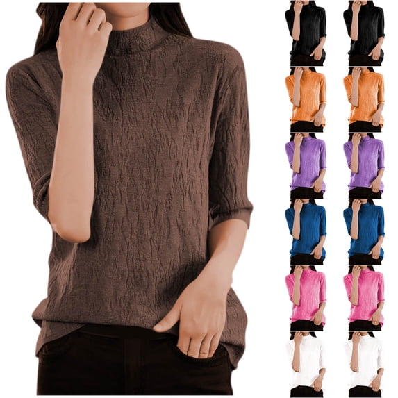 Fartey Women's Short Sleeve Sweater Fashion Textured Sweaters Soft Lightweight Mock Neck Knit Pullover Sweater Solid Color Thin Jumper Tops Black L