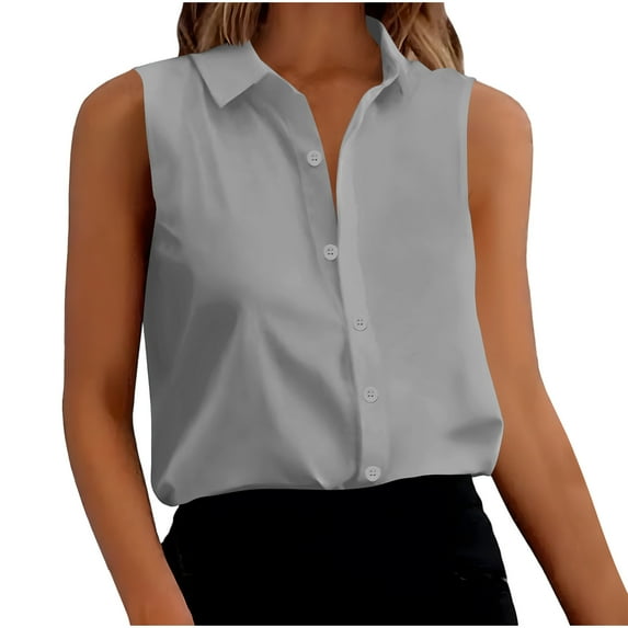 Fartey Women's Sleeveless Button Down Shirt Dressy Casual Collared V Neck Tank Tops Lightweight Breathable Summer Top Solid Color Work Office Tanks Gray XXL