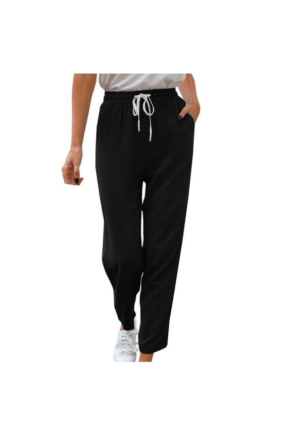 Women's Solid Color Cotton Linen Pants Summer Casual Drawstring Elastic Waist Beach Pant Loose House Trousers with Pockets