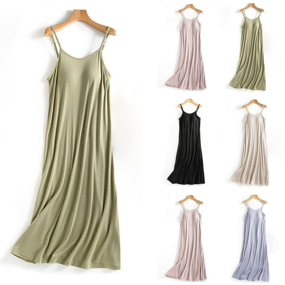 Fartey Women's Spaghetti Strap Nightgown Soft Comfy Crewneck Nightdress with Built In Bra Loose Casual Sleeveless Strap Cami Sleepwear Pink L