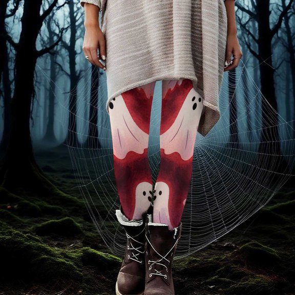 Fartey Women's Spooky Ghost Print Leggings High Waisted Stretchy Workout Yoga Pants Slim Fit Gym Athletic Running Tights Hot Pink M