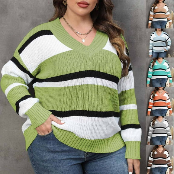 Fartey Women's Striped Color Block Sweater Cozy Ribbed Knit V Neck Pullover Sweaters Loose Fit Fall Winter Long Sleeve Jumper Tops Khaki L
