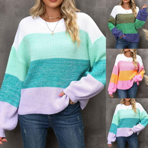 Fartey Women's Striped Color Block Sweater Oversized Long Sleeve Crewneck Knitwear Casual Loose Fit Soft Knit Sweater Pullover Tops Pink XL