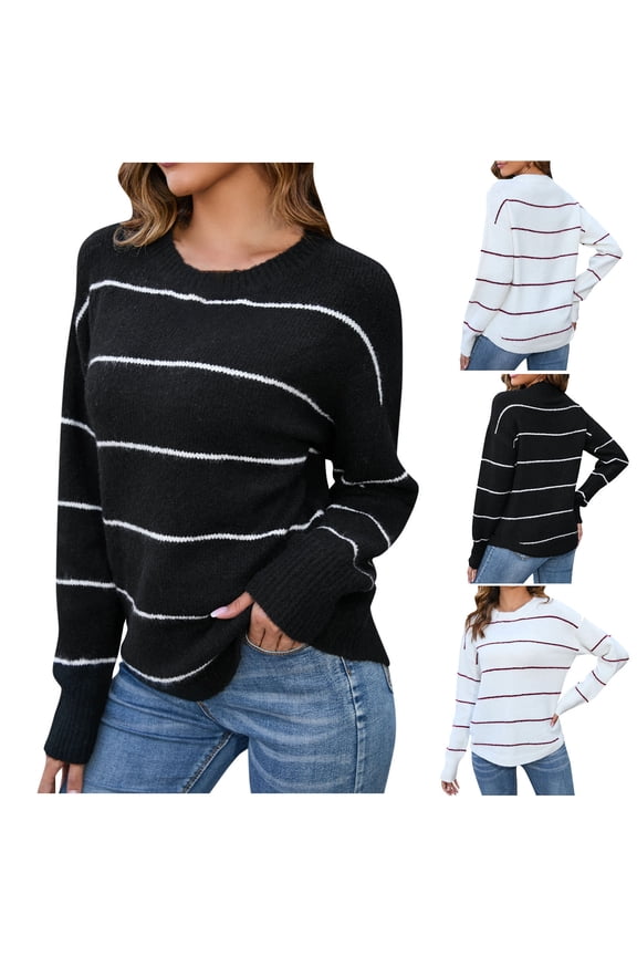 Women's Striped Knit Sweaters Slim Fit Long Sleeve Crew Neck Pullover Sweater Loose Fit Fall Winter Casual Knitwear White M