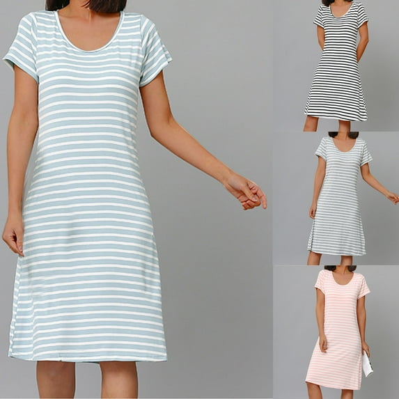 Fartey Women's Striped Nightgown with Built in Shelf Bra Soft Breathable Cotton Sleepwear Loose Comfy Short Sleeve Loungewear Plus Size Nightshirts Dress Pink 2XL