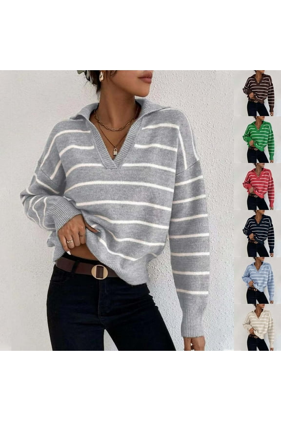 Women's Striped Sweater Dressy Casual Lapel Sweaters Loose Fit Long Sleeve V Neck Pullover Fashion Fall Winter Knit Sweaters Gray M