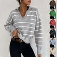 thumbnail image 1 of Fartey Women's Striped Sweater Dressy Casual Lapel Sweaters Loose Fit Long Sleeve V Neck Pullover Fashion Fall Winter Knit Sweaters Sky Blue M, 1 of 9