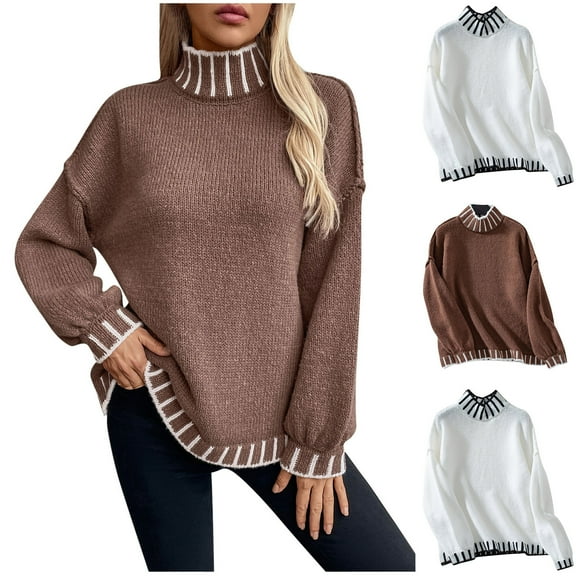 Fartey Women's Striped Turtleneck Sweaters Oversized Long Sleeve Chunky Knit Sweater Casual Loose Drop Shoulder Pullovers Sweaters White M