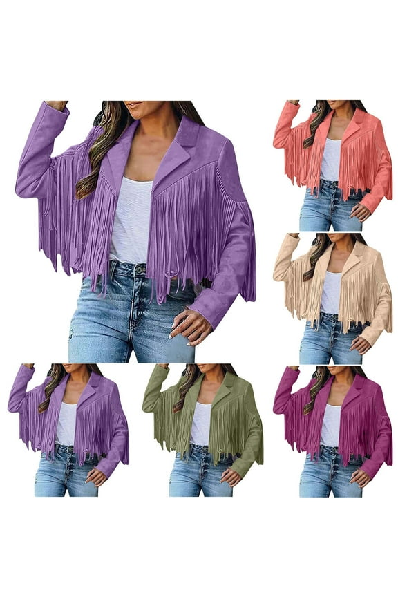 Women's Suede Fringe Jacket Dressy Casual Long Sleeve Lapel Coat Loose Flowy Fringe Tops Fall Fashion Solid Color Western Cropped Jackets Purple L