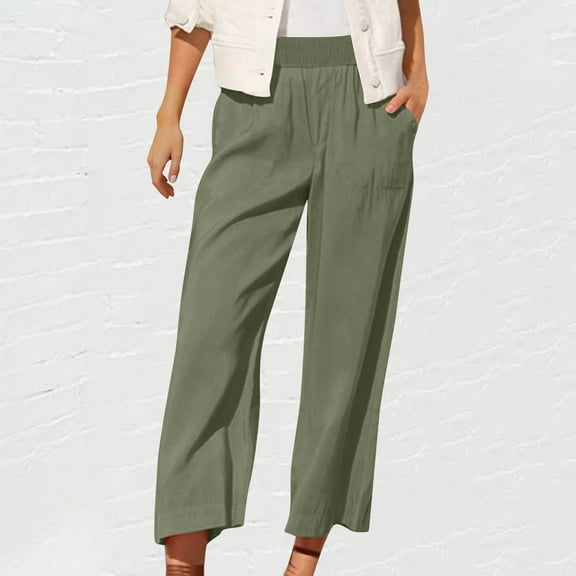 Fartey Women's Summer Casual Cotton Linen Pants Solid Color Elastic Waist Loose Fit Straight Leg Crop Pants Breathable Lightweight Beach Ankle Trousers with Pockets