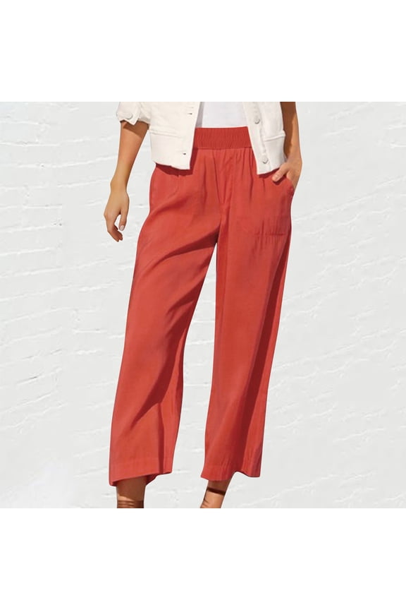 Women's Summer Casual Cotton Linen Pants Solid Color Elastic Waist Loose Fit Straight Leg Crop Pants Breathable Lightweight Beach Ankle Trousers with Pockets
