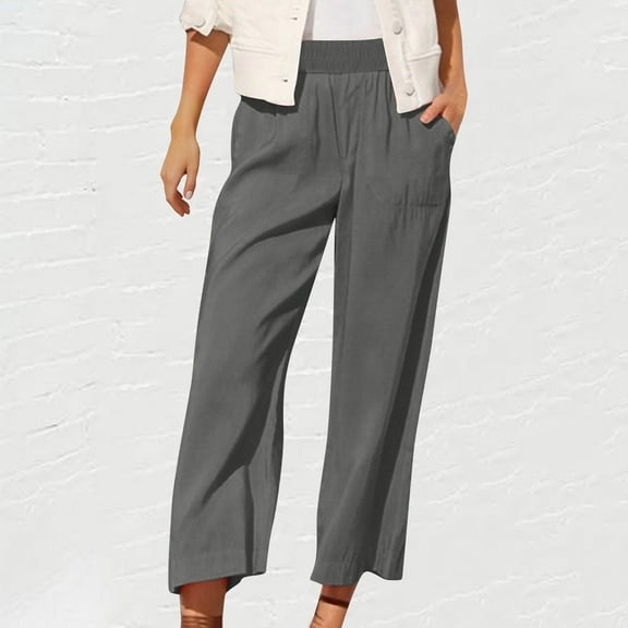Fartey Women's Summer Casual Cotton Linen Pants Solid Color Elastic Waist Loose Fit Straight Leg Crop Pants Breathable Lightweight Beach Ankle Trousers with Pockets
