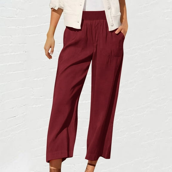 Fartey Women's Summer Casual Cotton Linen Pants Solid Color Elastic Waist Loose Fit Straight Leg Crop Pants Breathable Lightweight Beach Ankle Trousers with Pockets