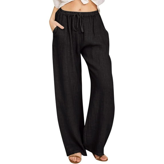Fartey Women's Summer Cotton Linen Pants 2024 New Casual Wide Leg Pants Loose Comfy Solid Color Elastic Waist Palazzo Pants Trousers with Pockets