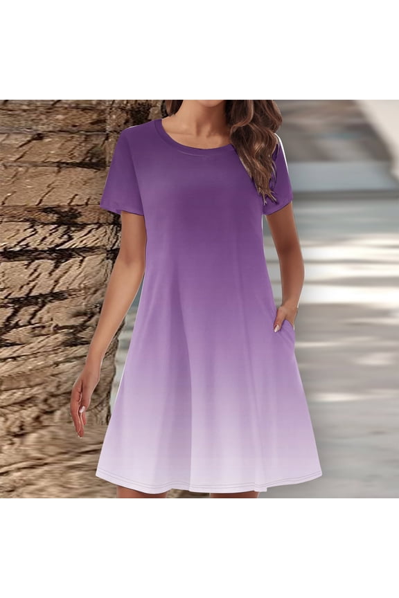 Women's Summer Gradient Mini Dress Casual Short Sleeve Crew Neck T-shirt Dress Fashion Loose Flowy Beach Vacation Sundress with Pockets White L