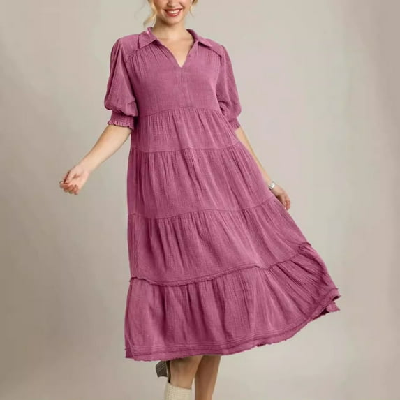 Fartey Women's Summer Short Sleeve Dresses 2025 Elegant Collared Ruffle Tiered Dress Loose Fit Boho Flowy Swing Long Beach Sundress Pink XXL