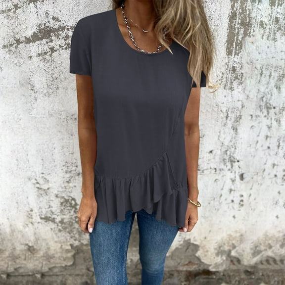 Fartey Women's Summer Short Sleeve Tops Loose Flowy Ruffle Hem Shirts Dressy Casual Solid Color Crew Neck Blouses Holiday Tshirts Black S