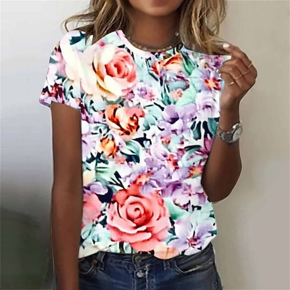 Fartey Women's Summer T Shirts Loose Fit Short Sleeve Casual Tops Soft Comfy Crewneck Tunic Shirt Vintage Floral Print Tees Holiday Blouses Multicolor M