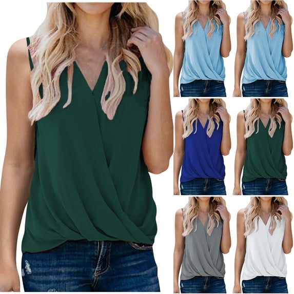 Fartey Women's Summer Tank Tops Dressy Casual Wrap V Neck Sleeveless Shirts Fashion Elegant Pleated Tanks Business Casual Solid Color Work Top Blue XXL