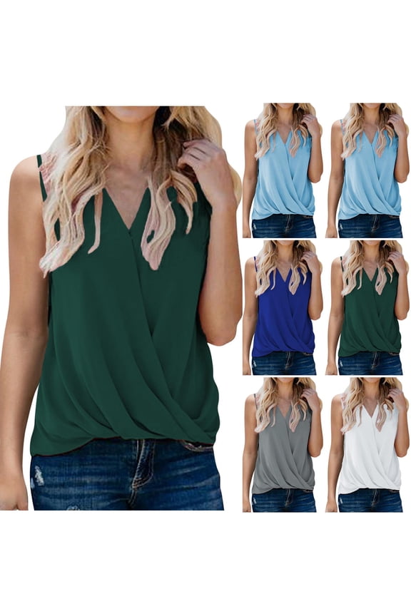 Women's Summer Tank Tops Dressy Casual Wrap V Neck Sleeveless Shirts Fashion Elegant Pleated Tanks Business Casual Solid Color Work Top Gray XL