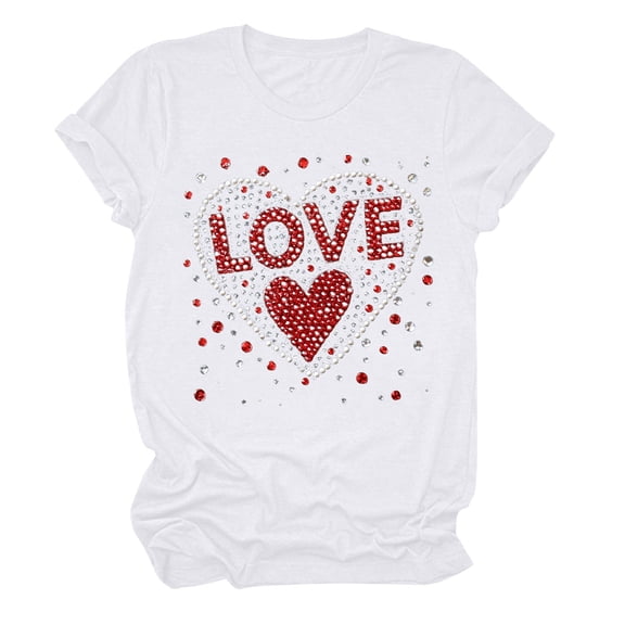 Fartey Women's Summer Tops Fashion Valentine's Day Love Printed T Shirts Loose Comfy Short Sleeve Blouses Soft Casual Crew Neck Tees White S-3XL