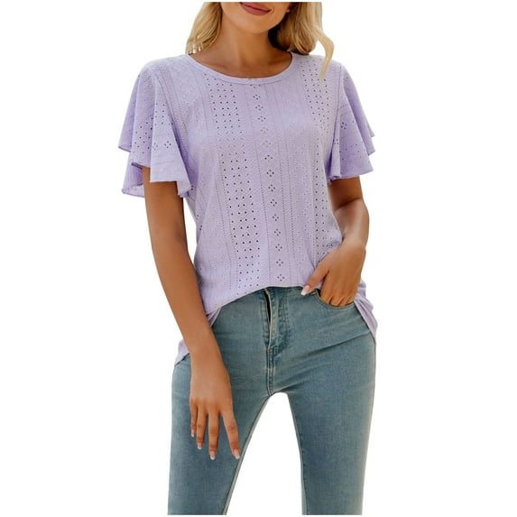 Fartey Women's Summer Tops Dressy Casual Ruffle Short Sleeve Tshirts Slim Fit Eyelet Tunic Top Solid Color Business Work Blouses 2025 Purple M