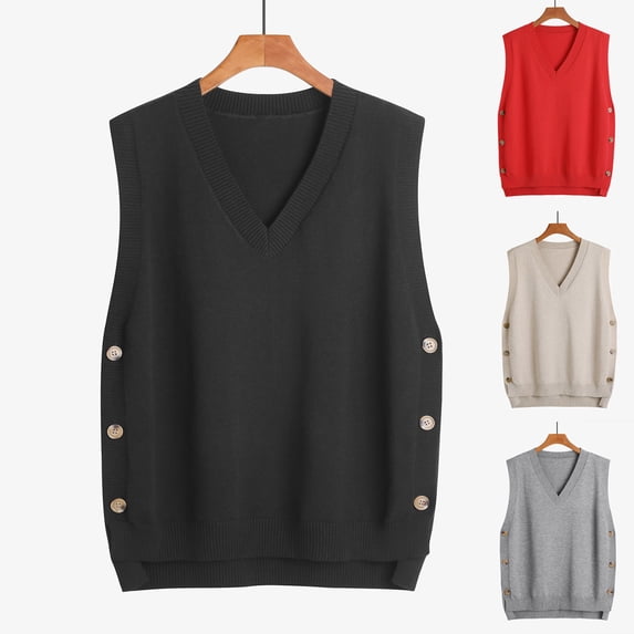 Fartey Women's Sweater Vest Fashion Ribbed V Neck Pullover Knit Vest Loose Casual Solid Color Sleeveless Sweaters Tops with Button Red 3XL