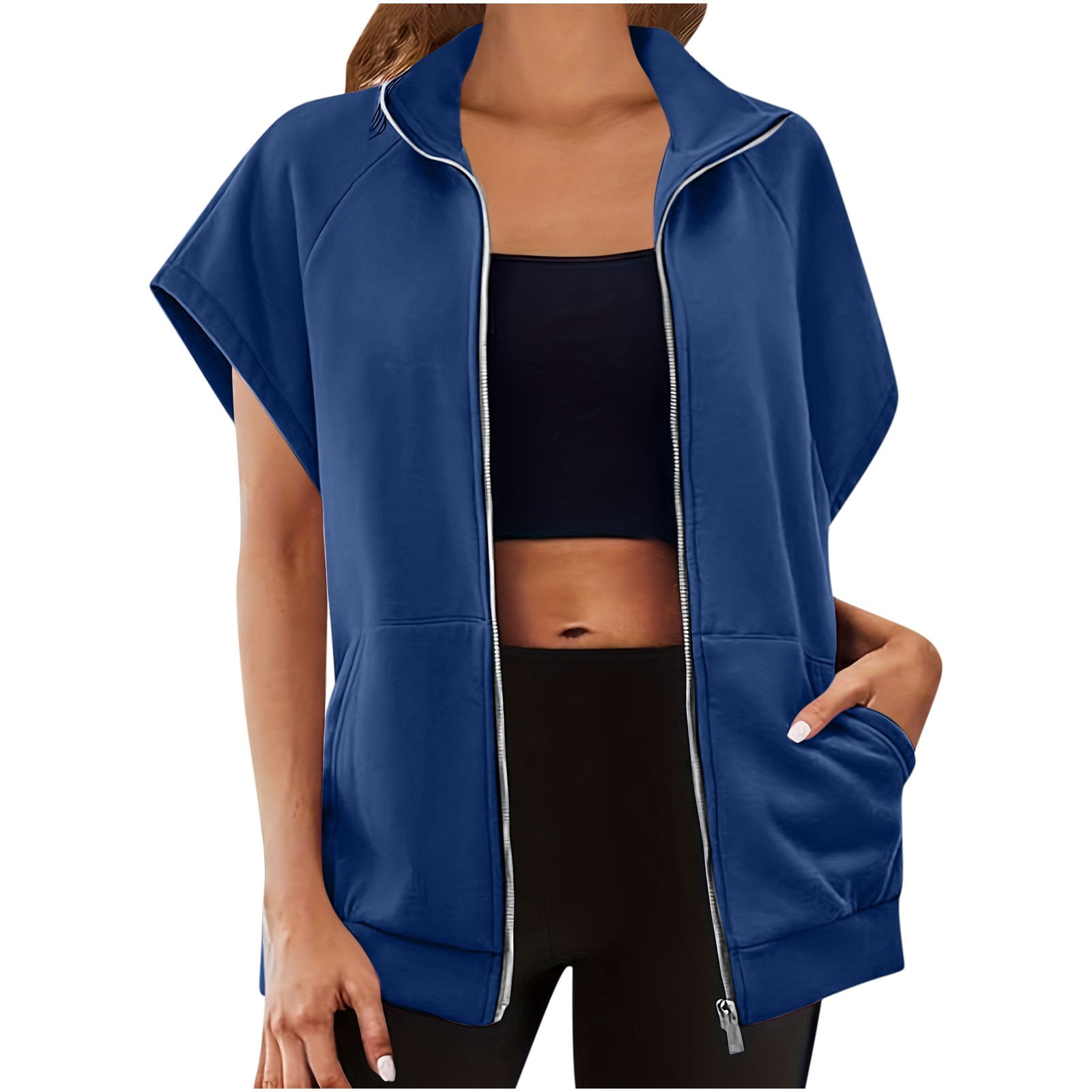 Fartey Women's Sweatshirts Vest Oversized Zip Up Sleeveless Jacket Dressy Casual Stand Collar Hoodless Coat Lightweight Solid Color Running Vest Coats with Pockets S