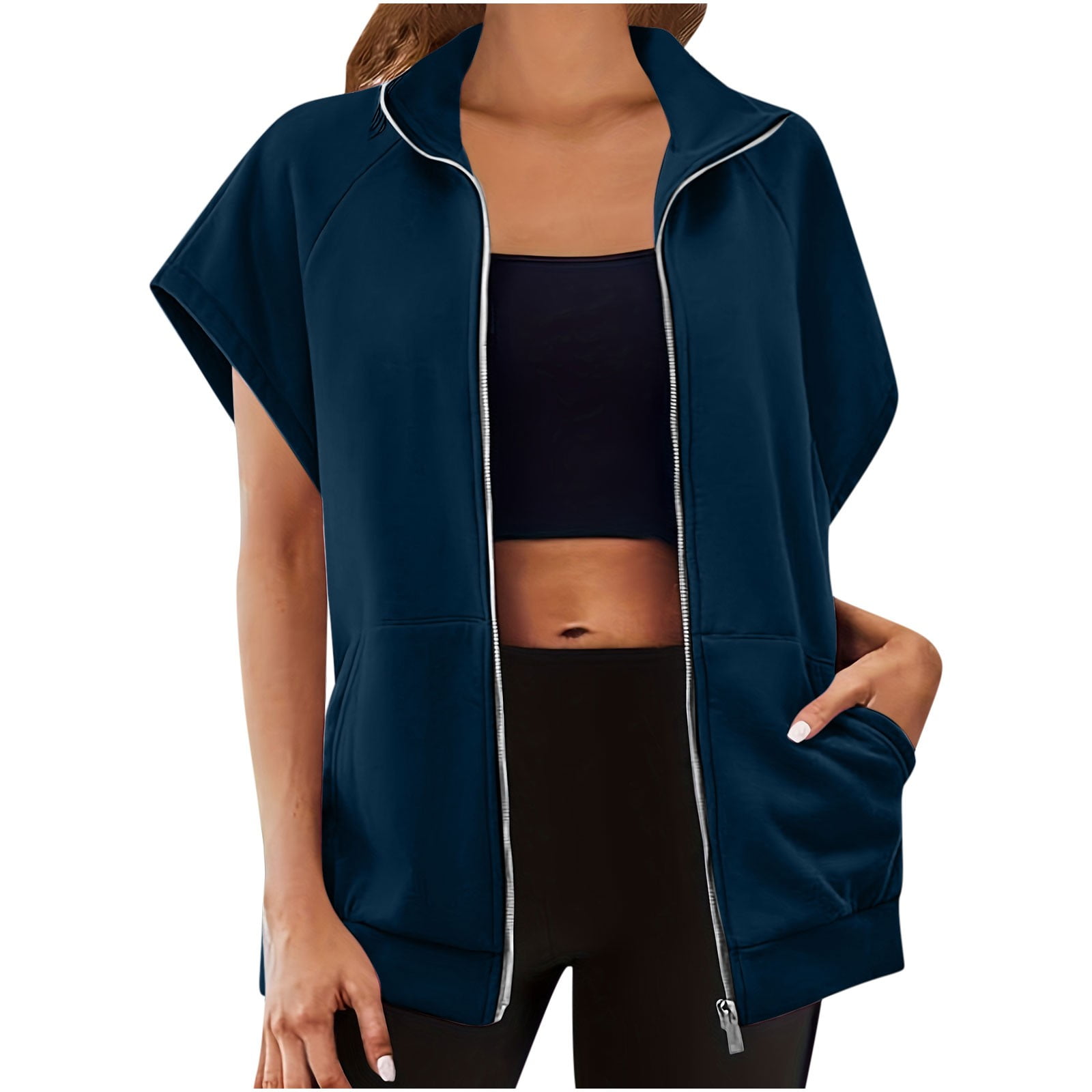 Fartey Women's Sweatshirts Vest Oversized Zip Up Sleeveless Jacket Dressy Casual Stand Collar Hoodless Coat Lightweight Solid Color Running Vest Coats with Pockets S