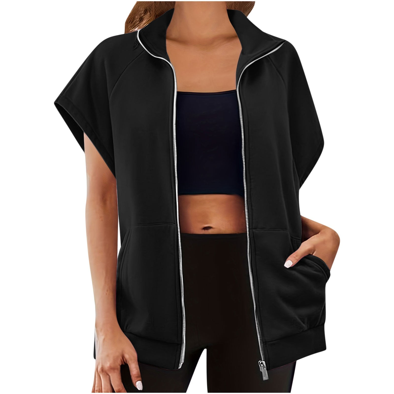 Fartey Women's Sweatshirts Vest Oversized Zip Up Sleeveless Jacket Dressy Casual Stand Collar Hoodless Coat Lightweight Solid Color Running Vest Coats with Pockets M
