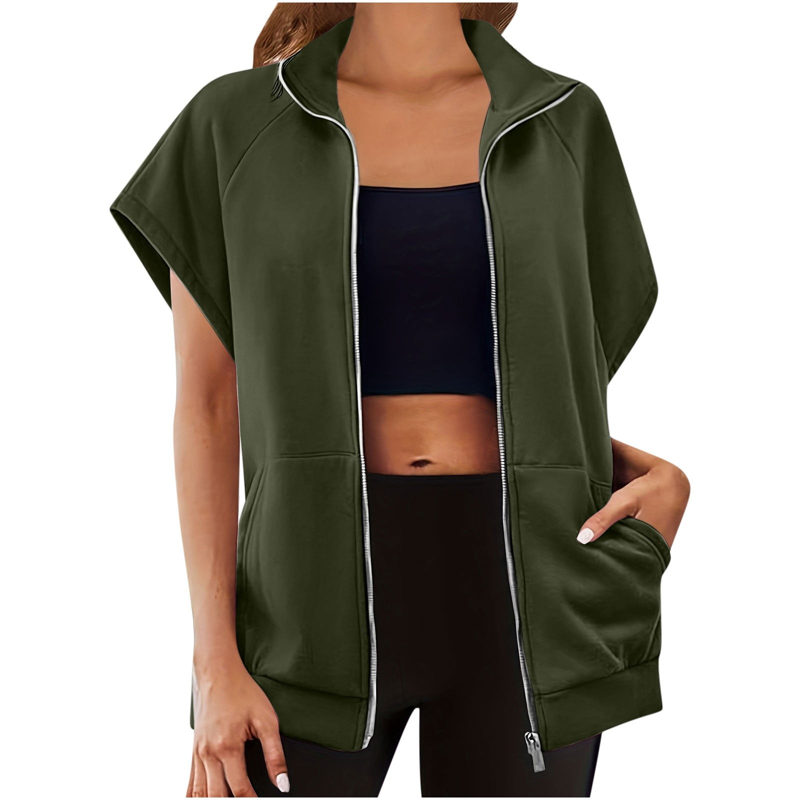 Fartey Women's Sweatshirts Vest Oversized Zip Up Sleeveless Jacket Dressy Casual Stand Collar Hoodless Coat Lightweight Solid Color Running Vest Coats with Pockets XL