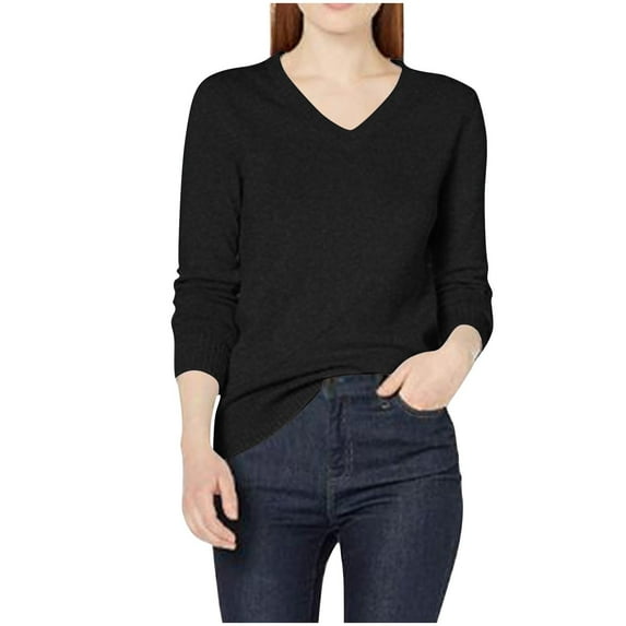Fartey Women's Thin Knit Sweater Dressy Casual V Neck Pullover Sweaters Lightweight Comfortable Fall Solid Color Long Sleeve Sweaters Black L