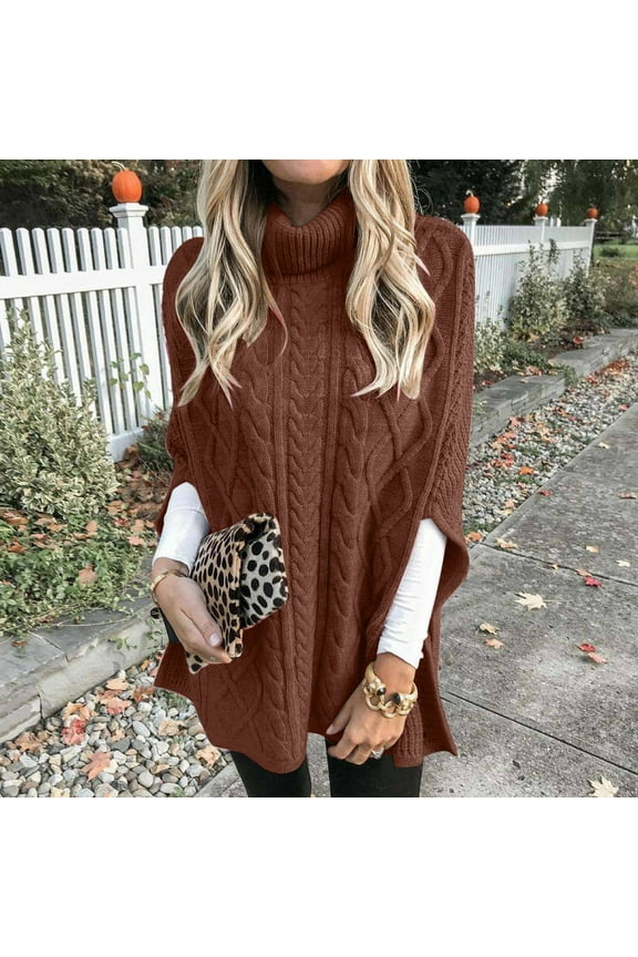 Women's Turtleneck Poncho Sweater Fall Winter Chunky Cable Knit Pullover Fashion Loose Solid Color Cape Wrap Sweaters 2025