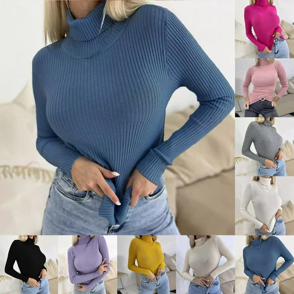 Fartey Women's Turtleneck Sweater Slim Fitted Ribbed Knit Long Sleeve Sweaters Fashion Solid Color Basic Casual Sweater Fall Winter Going Out Sweaters White S