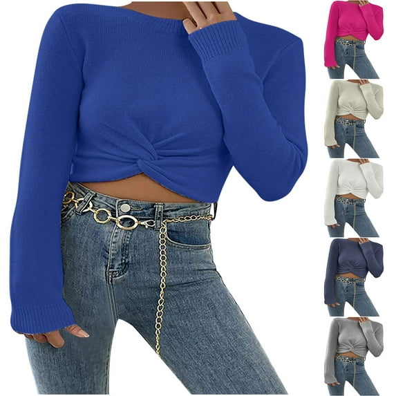 Fartey Women's Twist Front Cropped Sweaters Soft Comfy Long Sleeve Crew Neck Ribbed Knit Pullover Sweater Fashion Winter Going Out Sweater Blue S