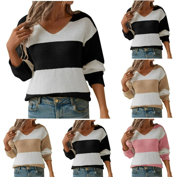 Fartey Women's V Neck Knit Sweaters Fashion Striped Color Block Sweater Cozy Long Sleeve Knitwear Loose Fit Fall Winter Going Out Pullover Tops Black L