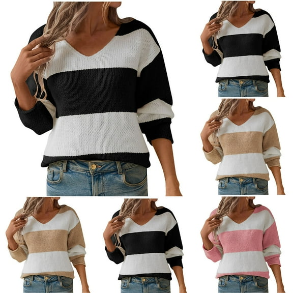 Fartey Women's V Neck Knit Sweaters Fashion Striped Color Block Sweater Cozy Long Sleeve Knitwear Loose Fit Fall Winter Going Out Pullover Tops Black XL