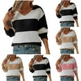 thumbnail image 1 of Fartey Women's V Neck Knit Sweaters Fashion Striped Color Block Sweater Cozy Long Sleeve Knitwear Loose Fit Fall Winter Going Out Pullover Tops Pink XL, 1 of 9