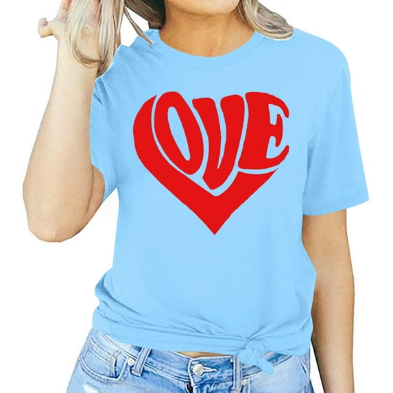Fartey Women's Valentines Day Shirt Cute Love Hearts Graphic Tees Lightweight Comfy Short Sleeve Tops Dressy Casual Crewneck Holiday Blouses Sky Blue S-3XL