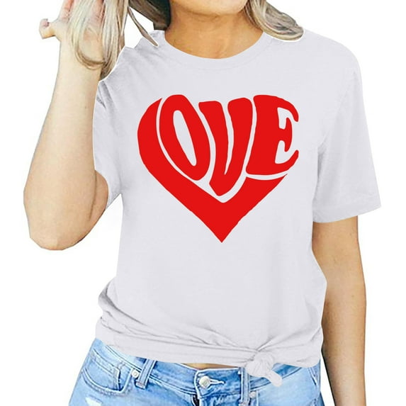 Fartey Women's Valentines Day Shirt Cute Love Hearts Graphic Tees Lightweight Comfy Short Sleeve Tops Dressy Casual Crewneck Holiday Blouses White S-3XL
