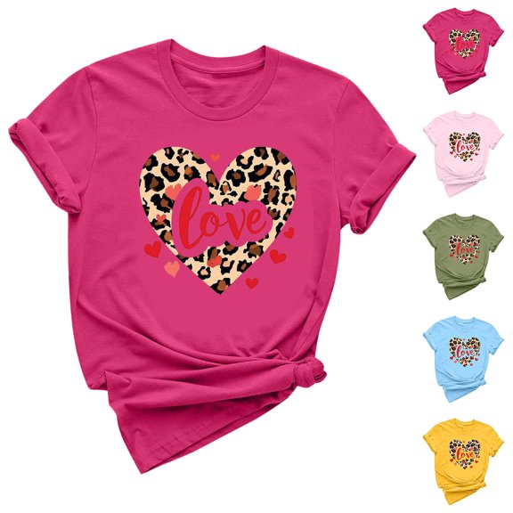 Fartey Women's Valentines Shirt Cute Love Heart Print Short Sleeve Tops Soft Comfy Crewneck Holiday Tees Loose Casual Holiday T-Shirts Blue S