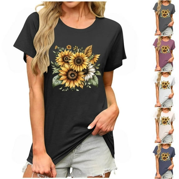 Fartey Women's Vintage Floral T Shirt Comfy Cotton Crew Neck Short Sleeve Tops Boho Graphic Tees Loose Casual Summer Going Out Blouses Black S