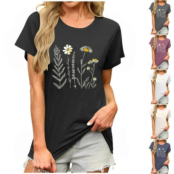 Fartey Women's Vintage Floral T Shirt Comfy Cotton Crew Neck Short Sleeve Tops Boho Graphic Tees Loose Casual Summer Going Out Blouses Dark Blue XXL