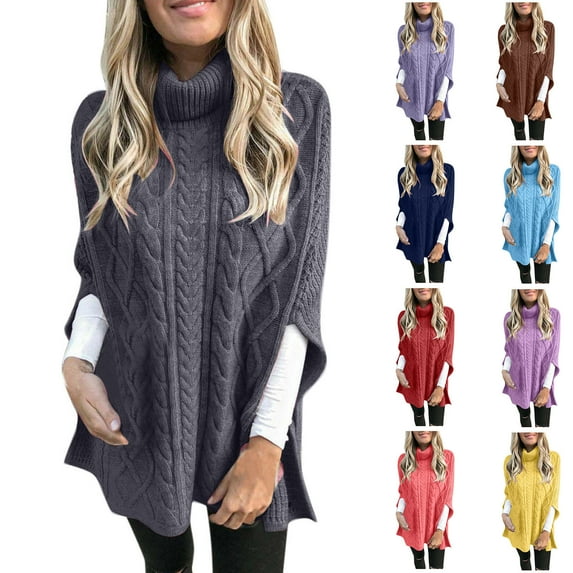 Fartey Women's Warm Turtleneck Sweaters Chunky Cable Knit Pullover Knitwear Fashion Solid Color Side Slit Poncho Sweater Shawl Tops Red 2XL